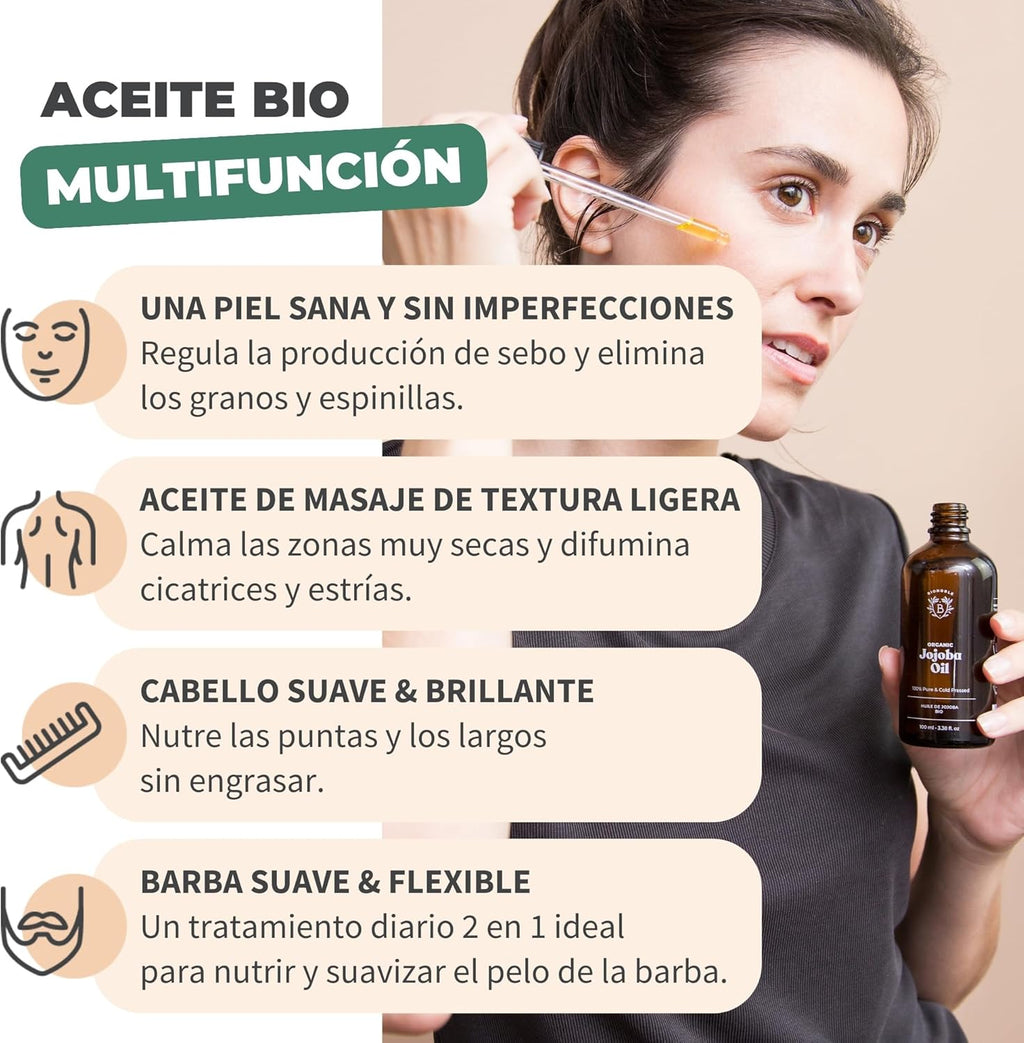 BIONOBLE Aceite De Jojoba 100 Puro Y Natural, Bio - Pelo, Piel - 100Ml | Prensado En Frío, Sin Hexano - Anti-Imperfecciones - Aceite Jojoba Puro, Jojoba Oil Organic Cold Pressed - Botella De Vidrio