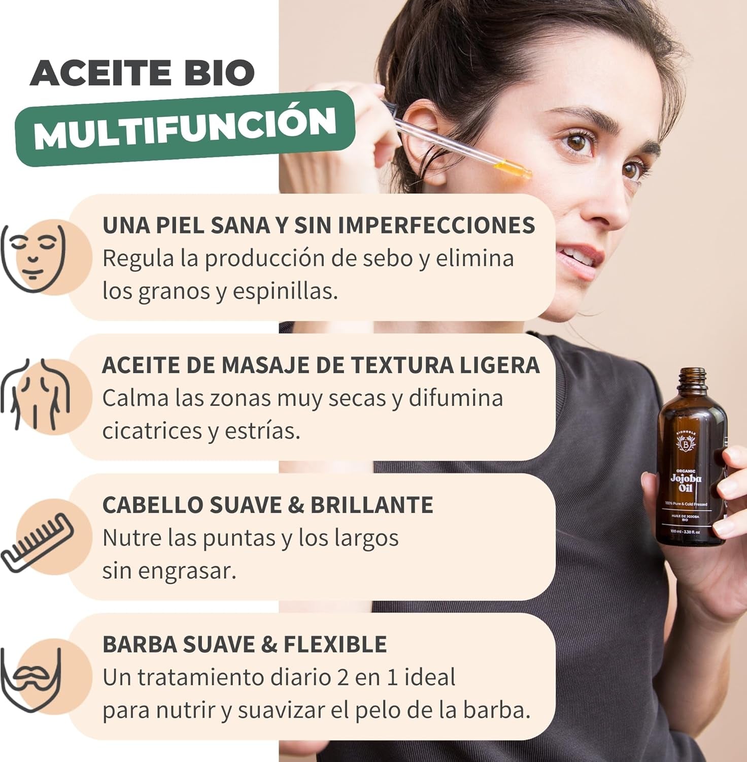 BIONOBLE Aceite De Jojoba 100 Puro Y Natural, Bio - Pelo, Piel - 100Ml | Prensado En Frío, Sin Hexano - Anti-Imperfecciones - Aceite Jojoba Puro, Jojoba Oil Organic Cold Pressed - Botella De Vidrio