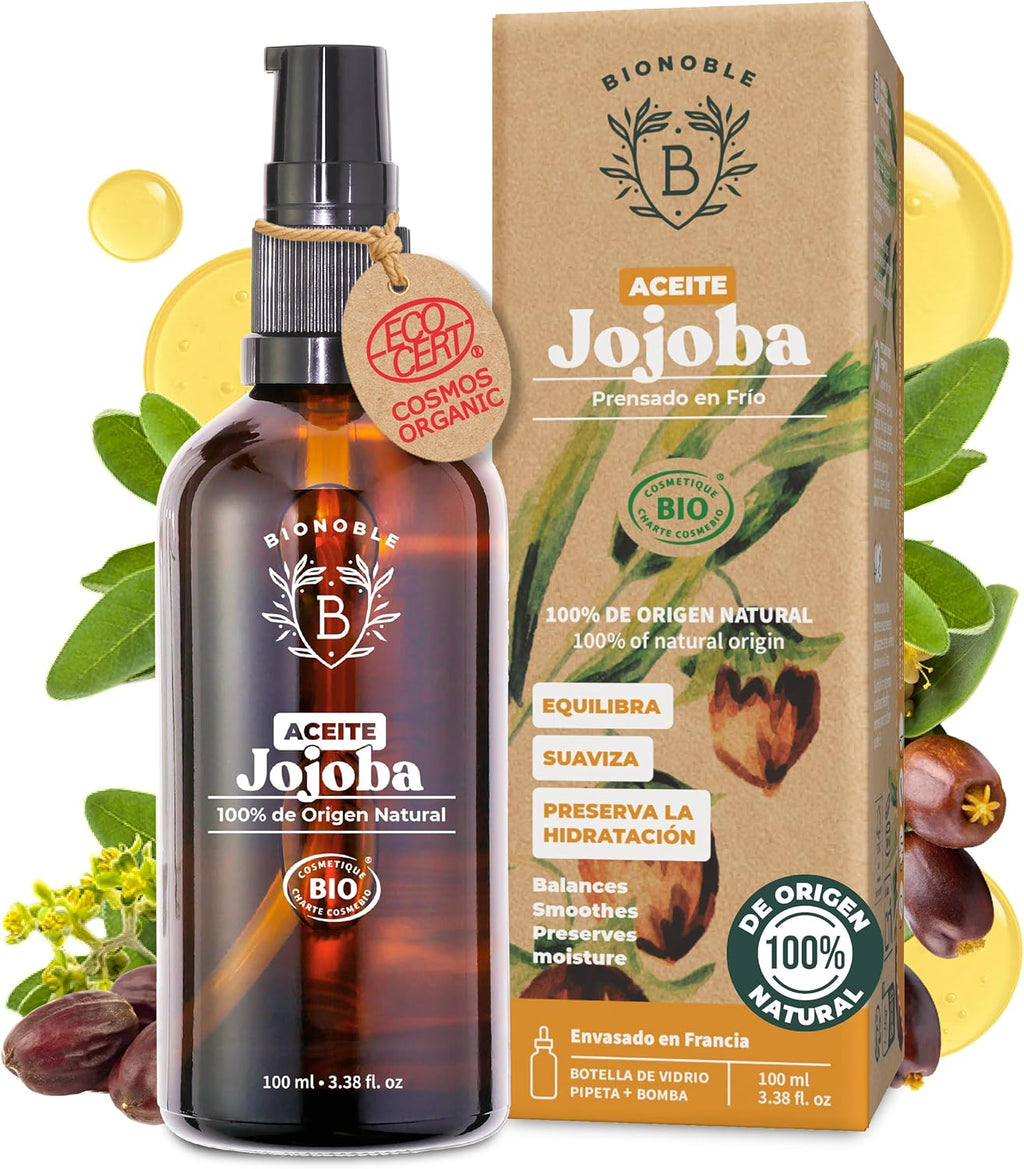 BIONOBLE Aceite De Jojoba 100 Puro Y Natural, Bio - Pelo, Piel - 100Ml | Prensado En Frío, Sin Hexano - Anti-Imperfecciones - Aceite Jojoba Puro, Jojoba Oil Organic Cold Pressed - Botella De Vidrio