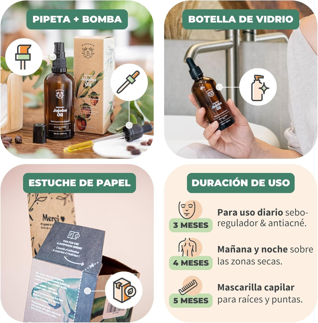 BIONOBLE Aceite De Jojoba 100 Puro Y Natural, Bio - Pelo, Piel - 100Ml | Prensado En Frío, Sin Hexano - Anti-Imperfecciones - Aceite Jojoba Puro, Jojoba Oil Organic Cold Pressed - Botella De Vidrio