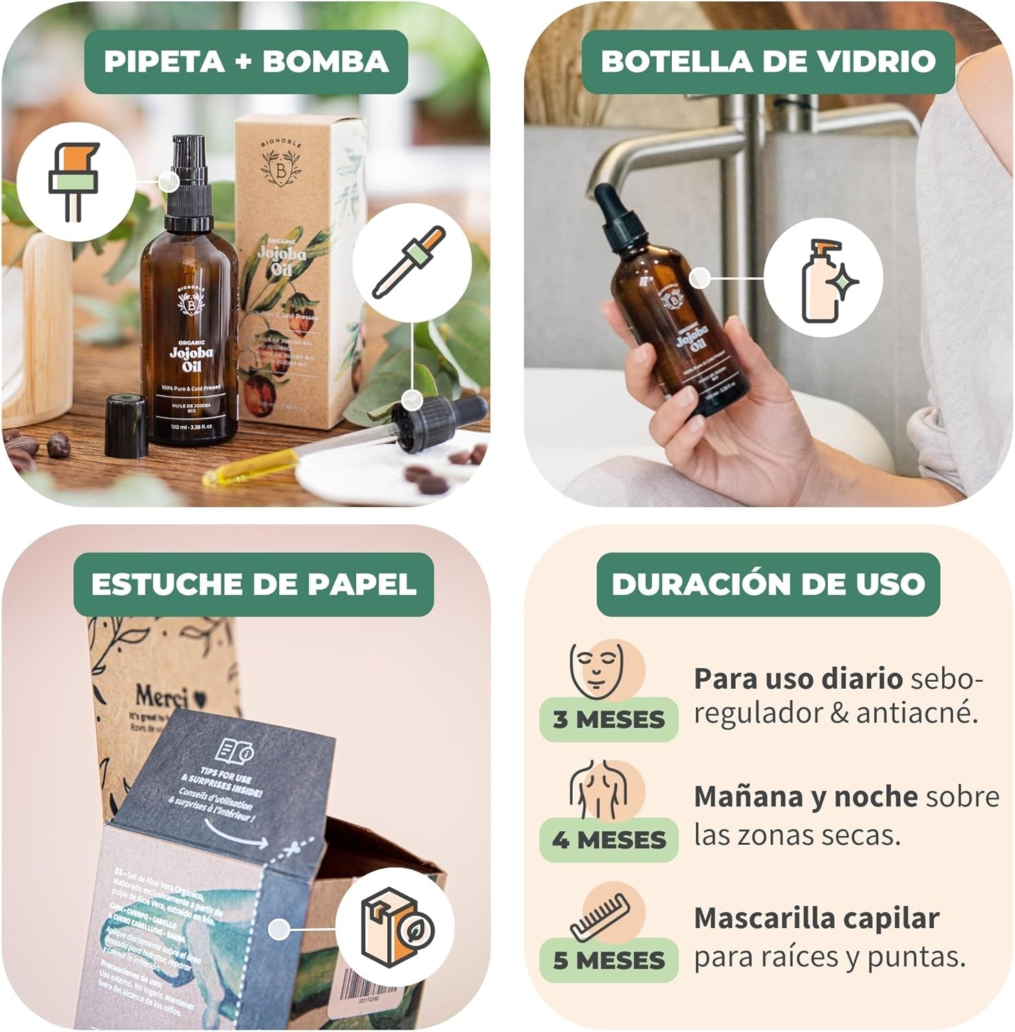 BIONOBLE Aceite De Jojoba 100 Puro Y Natural, Bio - Pelo, Piel - 100Ml | Prensado En Frío, Sin Hexano - Anti-Imperfecciones - Aceite Jojoba Puro, Jojoba Oil Organic Cold Pressed - Botella De Vidrio