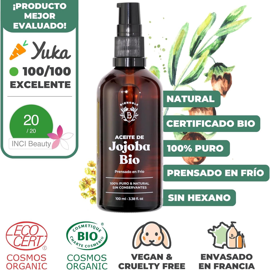 BIONOBLE Aceite De Jojoba 100 Puro Y Natural, Bio - Pelo, Piel - 100Ml | Prensado En Frío, Sin Hexano - Anti-Imperfecciones - Aceite Jojoba Puro, Jojoba Oil Organic Cold Pressed - Botella De Vidrio