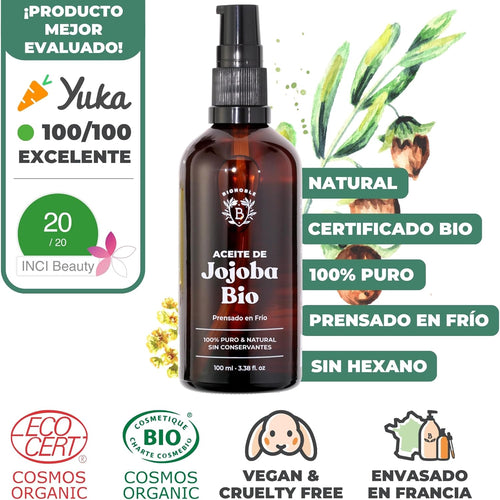 BIONOBLE Aceite De Jojoba 100 Puro Y Natural, Bio - Pelo, Piel - 100Ml | Prensado En Frío, Sin Hexano - Anti-Imperfecciones - Aceite Jojoba Puro, Jojoba Oil Organic Cold Pressed - Botella De Vidrio